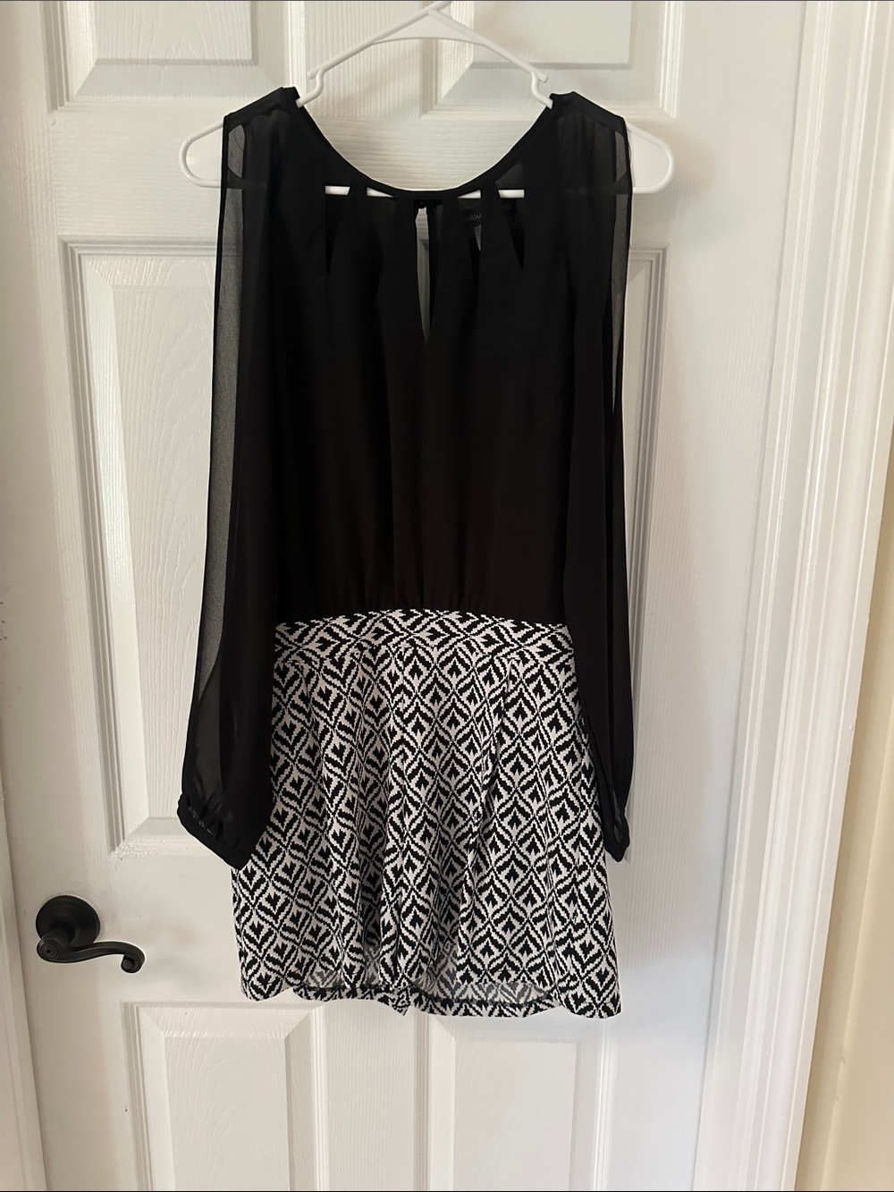 Fashion Nova Black & White Skater Romper with Patterned